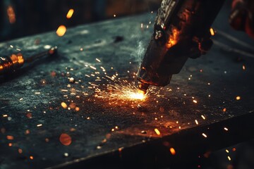 Intense Welding Sparks on Metal Table