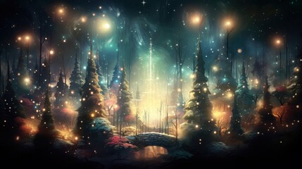 Enchanted Forest Filled with Magical Lights and Soft Snowflakes in a Dreamlike Setting with a Christmas Atmosphere