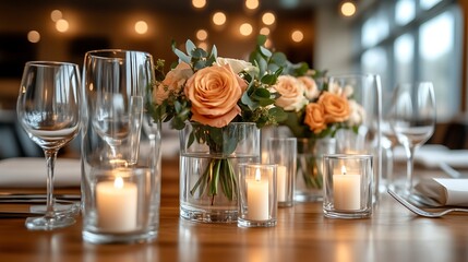 Romantic peach roses centerpiece on wooden table with candles and glasses.