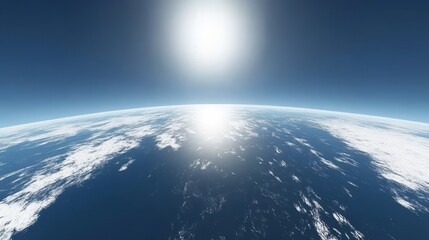 Fototapeta premium High-altitude view of Earth's atmosphere, sun reflecting on clouds and ocean.