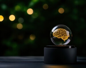 A glass orb encasing a golden brain illustration, symbolizing creativity and intellect.
