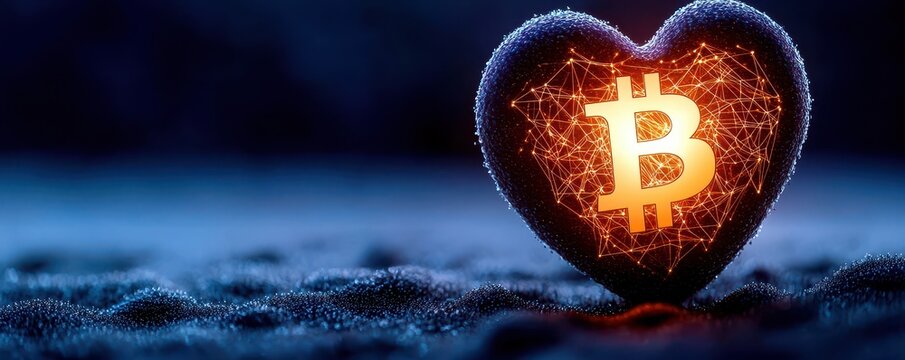 A glowing Bitcoin symbol in a heart shape, symbolizing love for cryptocurrency.