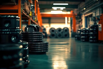 Neatly Arranged Metal Parts in Spacious Warehouse