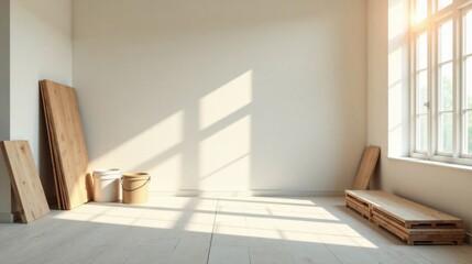 Sunlight Illuminates an Empty Room with Wood and Paint Supplies Ready for Home Renovation