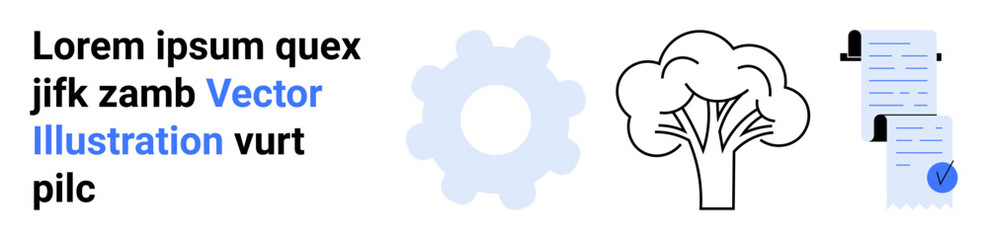 Blue text, gear icon, tree drawing, and document illustration. Ideal for education, technology, environment, business, documentation, presentations, and websites. Landing page