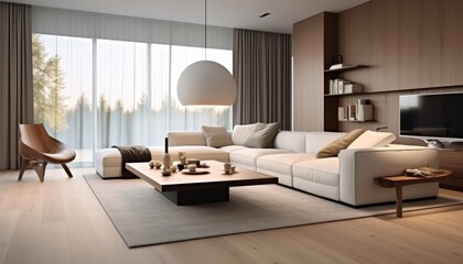 Fototapeta premium Minimalist Interior Design with Natural Light and Elegant Furniture in Modern Living Room Space