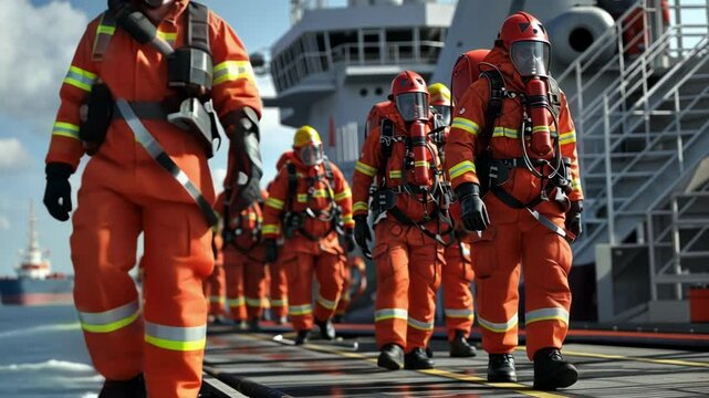 Firefighters wearing protective suits and masks are walking on the deck of a ship, possibly after completing a training exercise or intervention
