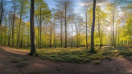 Obraz premium Enchanting Sunshine Illuminating Green Treetops in Forest Scene