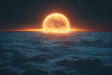Fototapeta premium Fiery orange moon setting over a sea of clouds.