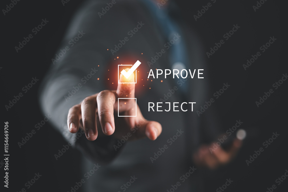 Poster businessman hand touching to correct sign symbol mark on approve box for document approval and proje