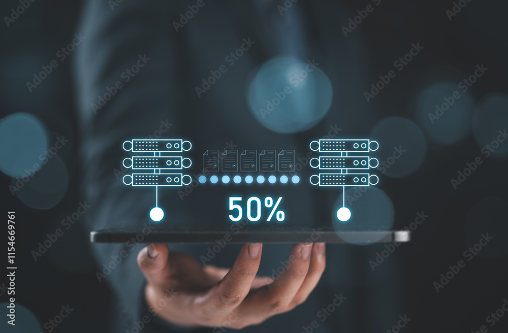 Poster Businessman hand using tablet with data host server storage icon for information exchange and transfer concept. Transfer data.