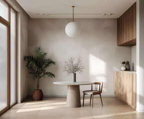 Aesthetic elegant minimalist modern interior design. Clear mock up empty wall for decoration in the apartment. Copy space in the room. Neutral palette of natural colors.