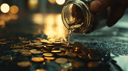 Coins spilling from jar onto reflective surface in dimly lit environment. 