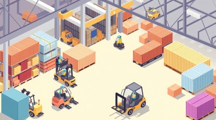 A colorful warehouse scene with forklifts and workers organizing cargo containers.