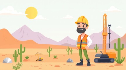 Obraz premium A cheerful construction worker stands in a desert landscape with machinery and cacti.