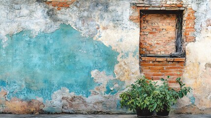 Aged Brick Wall with Stained Texture and Green Plants in Pots