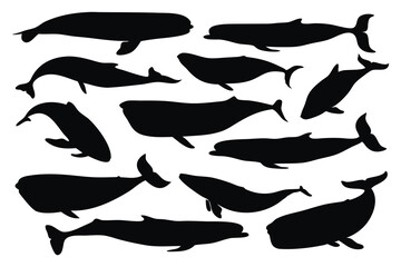 Blue whale silhouettes set isolated flat vector illustration on white background