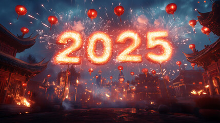 Fireworks and Festivities Photograph of Chinese New Year 2025 Celebration with Lanterns, Fireworks, and Traditional Architecture at Night 