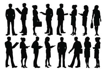  Businessman and woman standing in pose silhouettes set isolated flat vector illustration on white background.