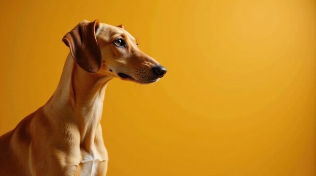 A graceful slender dog with amber fur, elegantly posed against a vibrant yellow backdrop, captures a moment of serene contemplation.