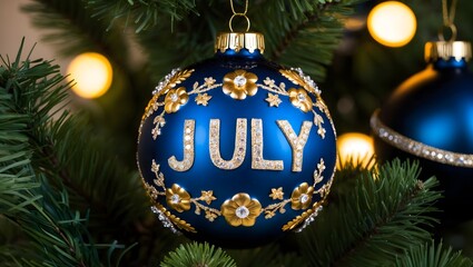 Christmas ornament hanging on a tree, glossy blue bauble with intricate gold detailing, the month July in bold, gold shiny