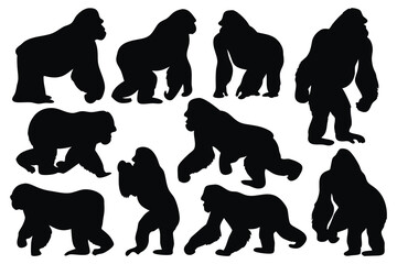 Gorilla silhouettes set isolated flat vector illustration on white background