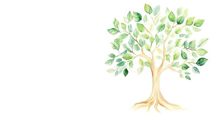 Obraz premium Watercolor painting of a lush green tree with exposed roots on white background.