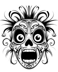 Fototapeta premium A skull with a mouth wide open and eyes wide open. The skull is black and white. The skull has a creepy and scary look to it