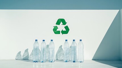 20. A minimalist shot of plastic water bottles for recycling, with a green recycling sign and white backdrop