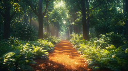 A tranquil forest path lined with tall trees and ferns, inviting exploration and adventure,