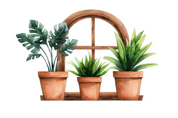Fototapeta premium Watercolor Window with Vintage Potted Plants