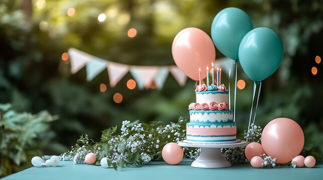 Two-tiered birthday cake with pastel balloons and flowers.