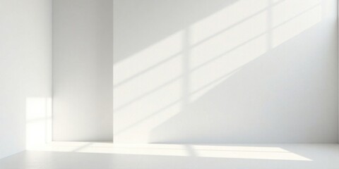 Sunlight Illuminates a Minimalist Interior Space Featuring a White Wall and Floor, Ideal for Clean and Modern Design Presentations