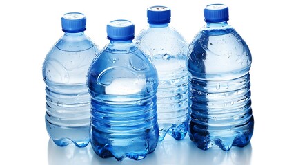 12. A close-up of used water bottles with a focus on their recyclable nature, on a white background