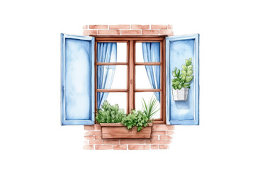 Watercolor Open Window with Billowing Curtains and Plants