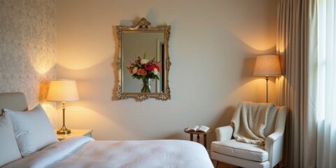 Serene Bedroom Interior with Ornate Mirror Reflecting a Floral Arrangement and Soft Lighting