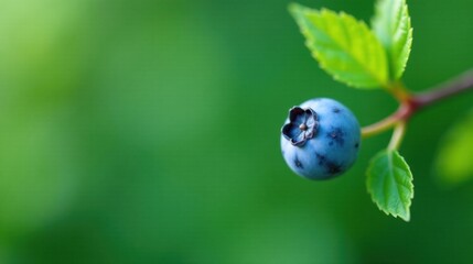 A single ripe blueberry hangs delicately from a vibrant green branch, showcasing its bluish-purple hue and intricate details against a soft, blurred background.