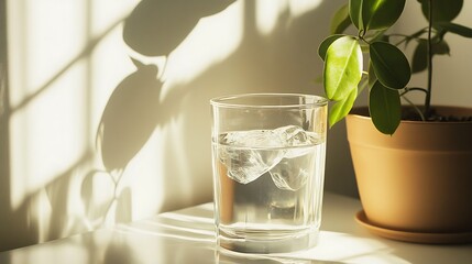 17. A glass of cloudy gray water, placed next to a small potted plant on a light-colored table