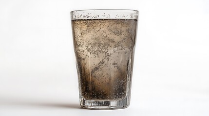18. A glass with murky gray water placed on a clean white background, highlighting its unclear appearance