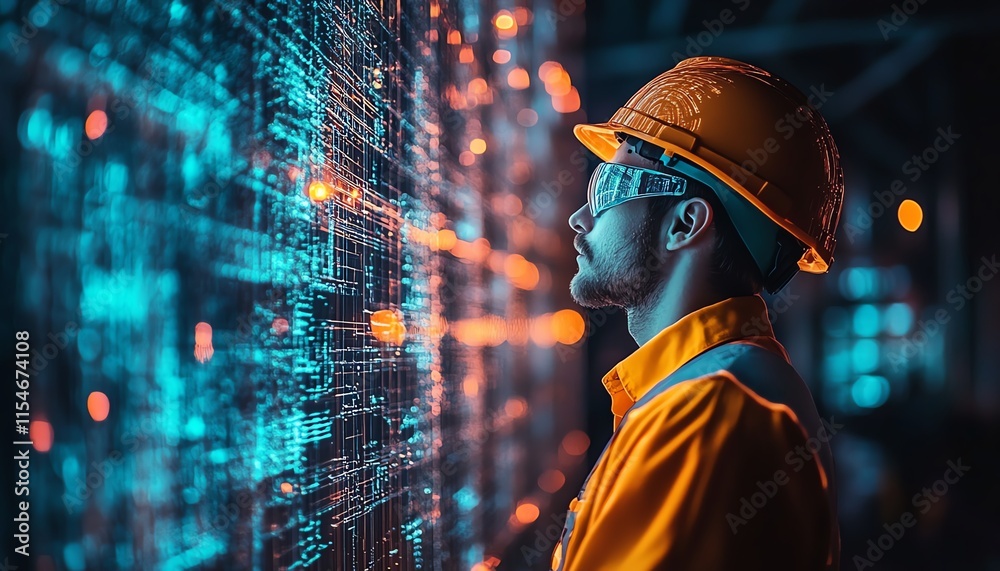 Aufkleber engineer in helmet at a construction site, looking at work with a glowing double exposure light effe