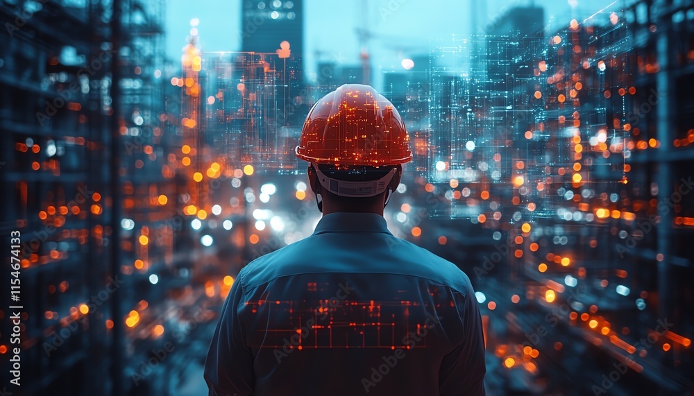 Aufkleber engineer in helmet at a construction site, looking at work with a glowing double exposure light effe