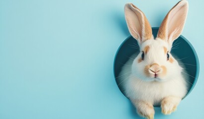 Obraz premium An adorable and cute Easter Bunny is peeking out from a round hole set against a bright blue background, creating a delightful and colorful scene perfect for celebrating the joyful holiday