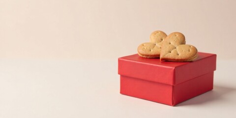 A small red gift box adorned with heart-shaped cookies, a sweet and simple present