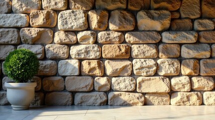 A potted topiary plant sits before a textured stone wall bathed in sunlight