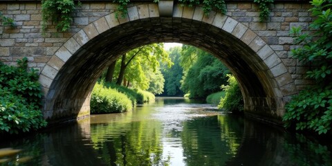 Fototapeta premium Stone arch bridge over tranquil waterway, lush green foliage framing the idyllic scene, sunlight dappling the water's surface, creating a serene and peaceful ambiance.