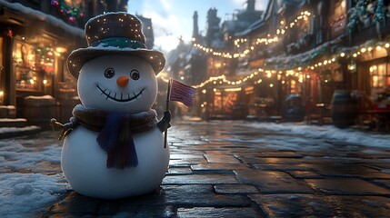 Obraz premium Festive Snowman Stands In A Cozy Christmas Village Street