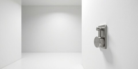 Modern minimalist room interior design featuring a sleek, brushed metal wall-mounted rotary control device