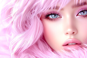 Naklejka premium A woman with long pink hair and blue eyes is the main focus of the image. The pink hair and blue eyes give the impression of a young, attractive woman. The image is a close-up of the woman's face