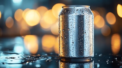 20. A silver beverage can with water droplets on its surface, placed on a reflective table with soft lighting