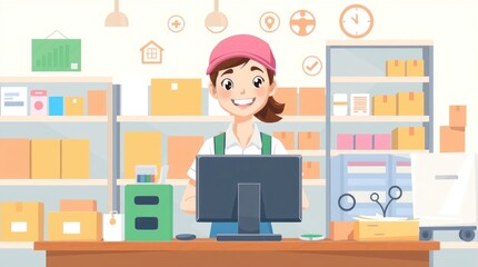 A cheerful cashier stands at a counter in a retail environment with boxes in the background.